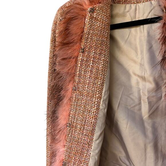 Kay Unger Women's Stunning Orange Tweed Blazer with Ostrich Feather Trim Size 10 - Picture 4 of 9